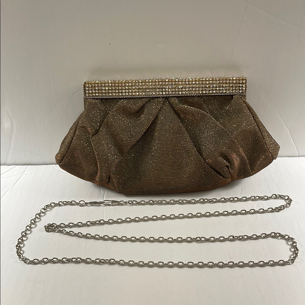 Mon Cheri Brown and Gold Pleated Clutch / Purse with Rhinestone Closure - Picture 5 of 16